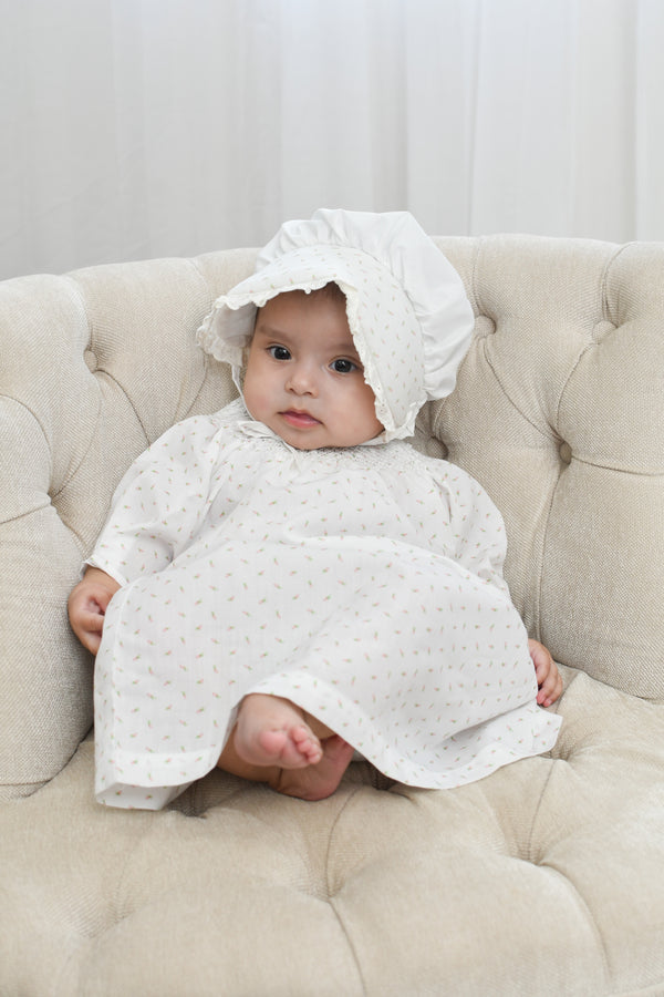 20134-White Rosebud Print Baby Girl Dress with Bonnet