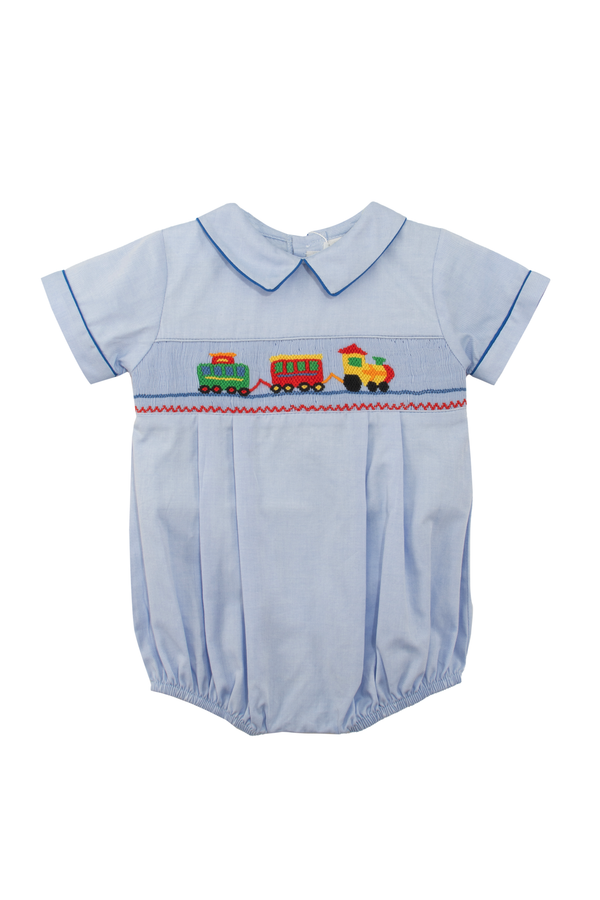 20238-Smocked Train Blue Baby Boy Bubble Romper