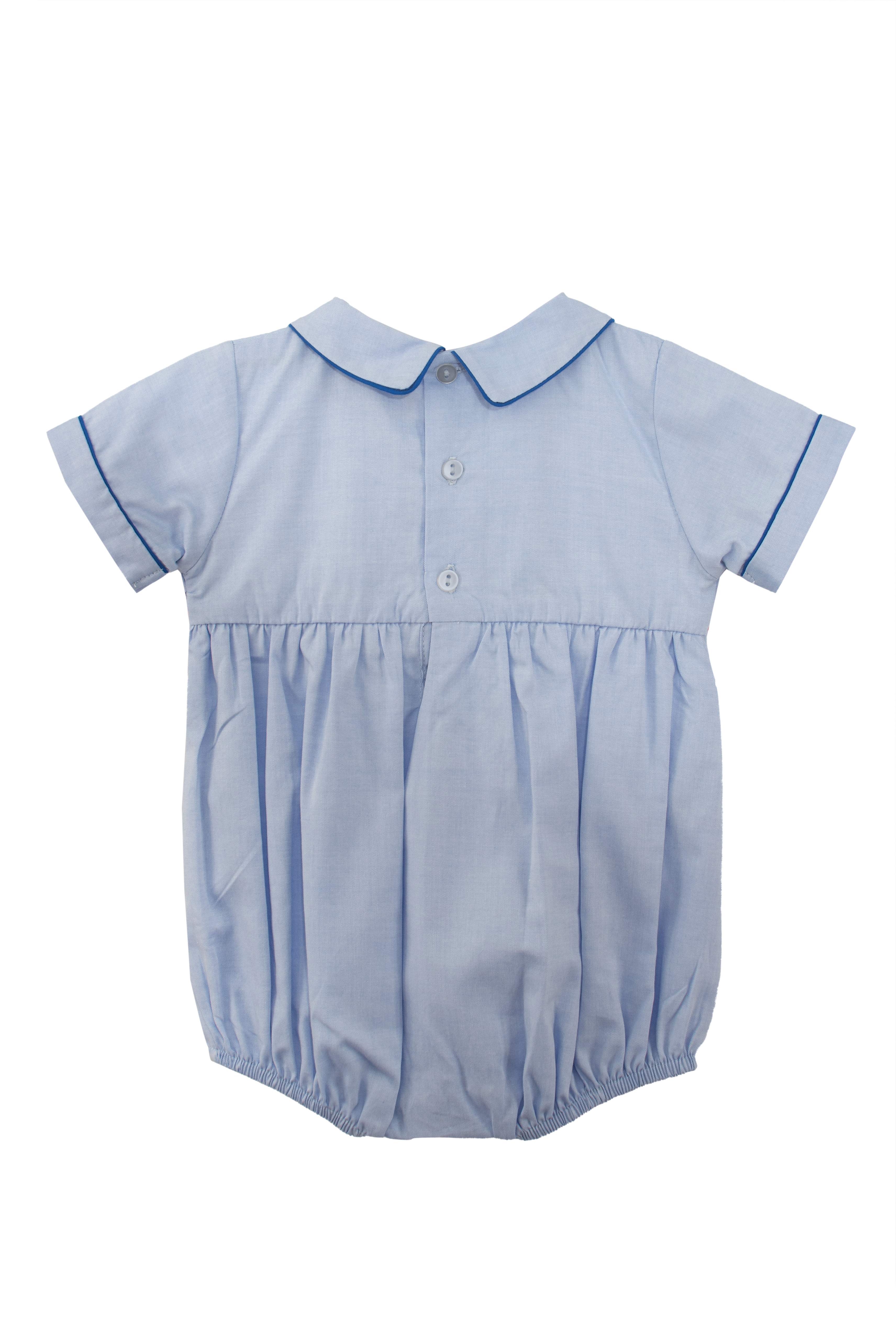 20238-Smocked Train Blue Baby Boy Bubble Romper