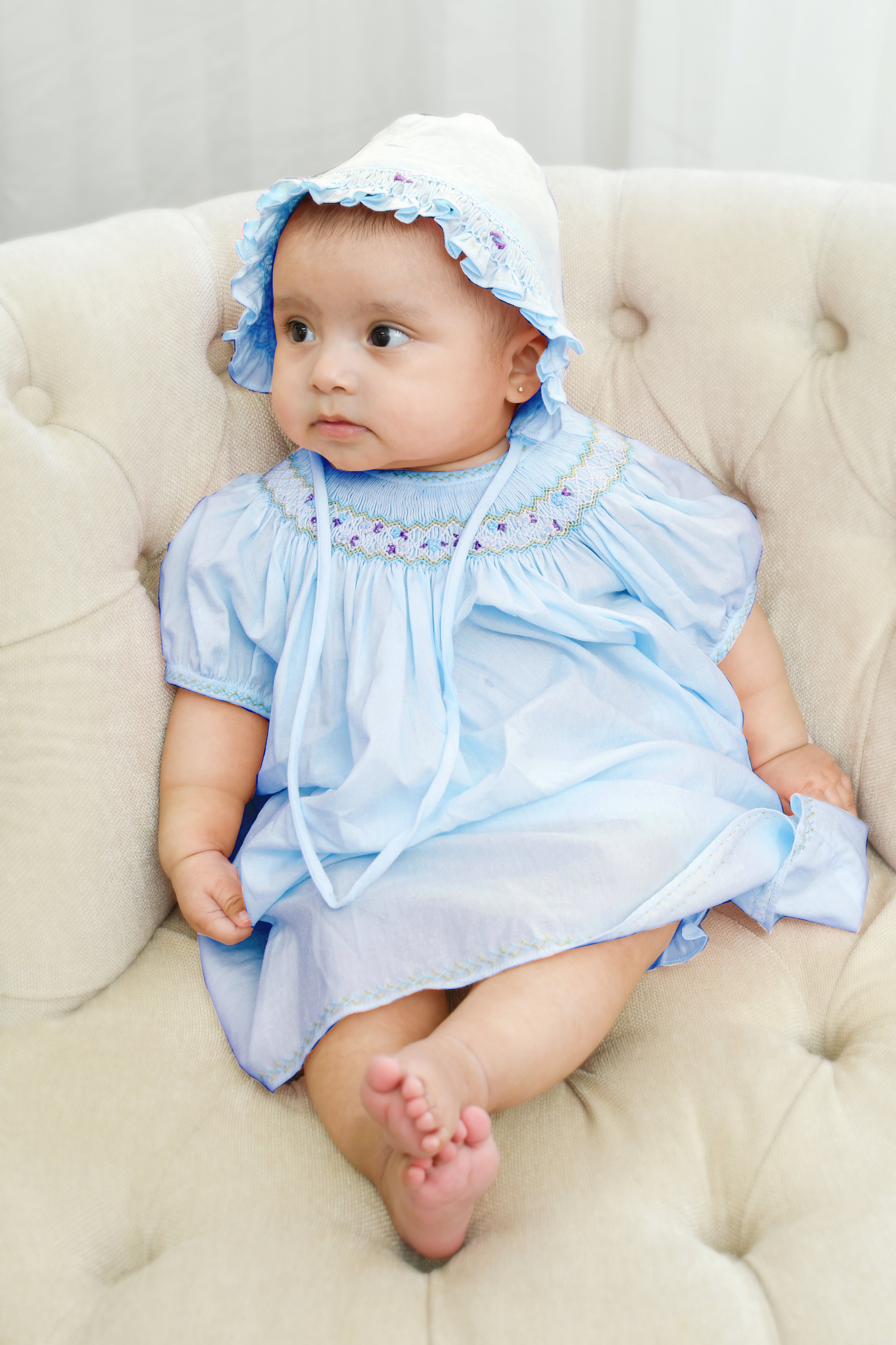 20272-Smocked Bishop Baby Girl Dress with Panty & Bonnet - Blue