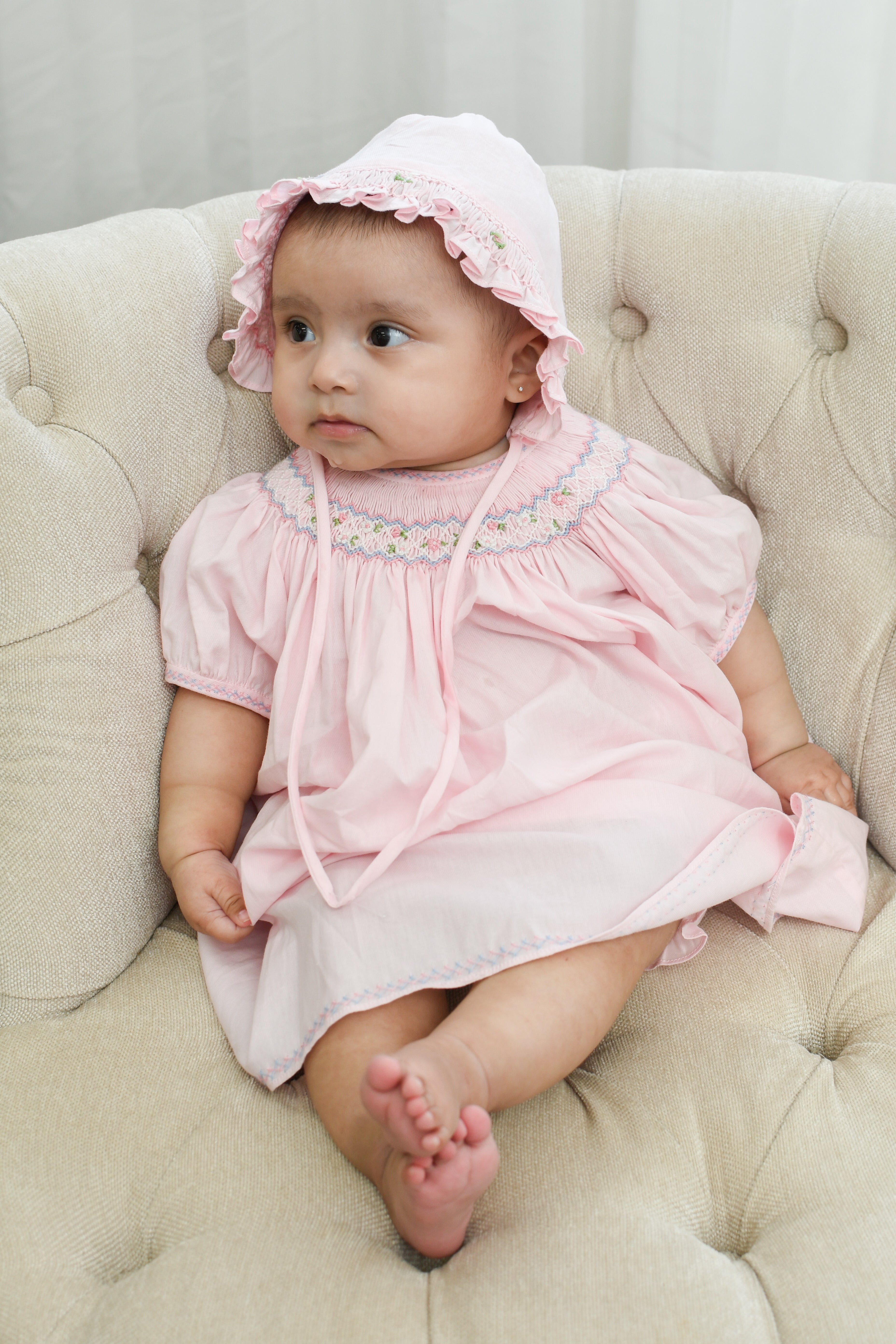 20265 Smocked Bishop Baby Girl Dress with Panty & Bonnet - Pink