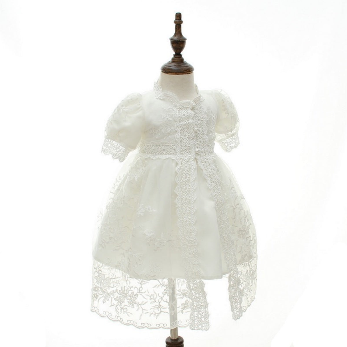 2 pc Short Sleeve Christening Dress with Lace Overlay
