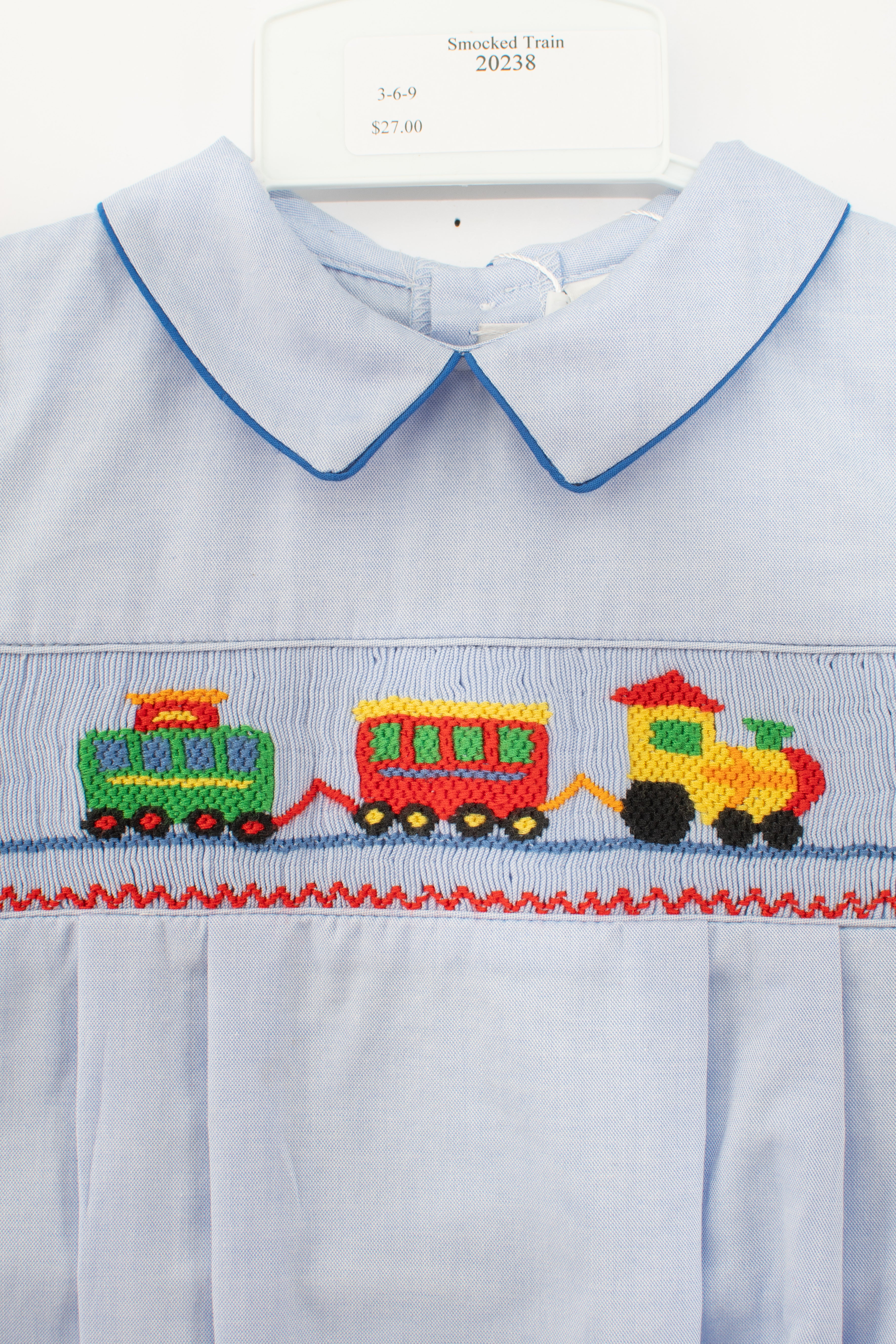 20238-Smocked Train Blue Baby Boy Bubble Romper