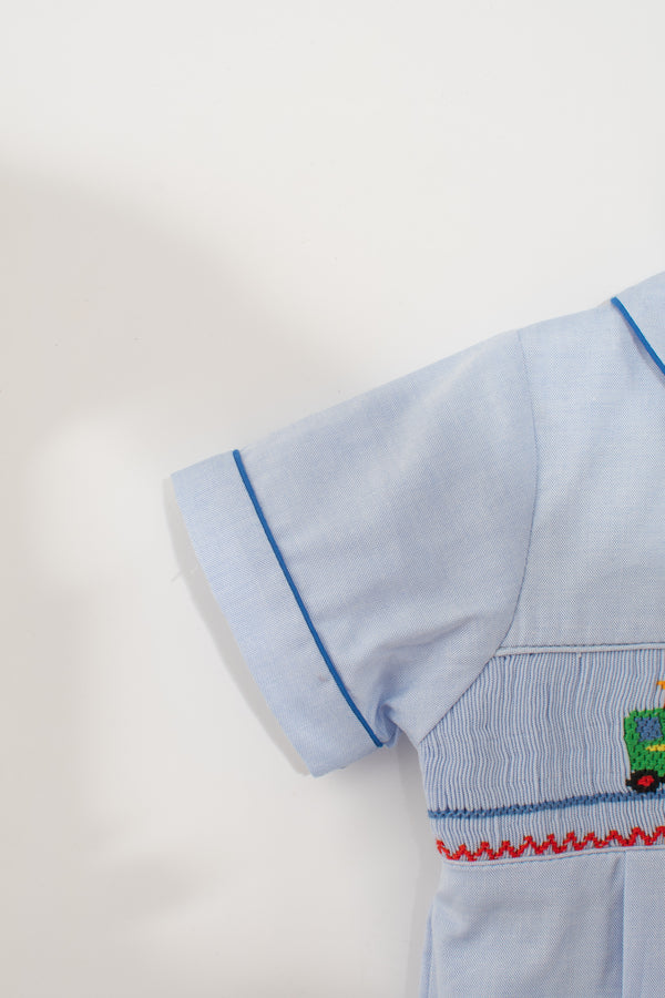 20238-Smocked Train Blue Baby Boy Bubble Romper
