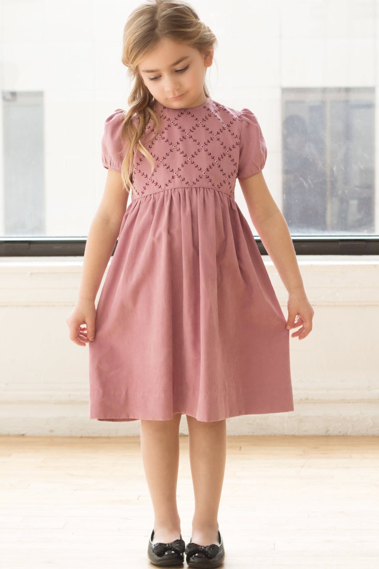 Sophisticated Suede Smocked Short Sleeves Yoke Toddler Mauve Dress 3