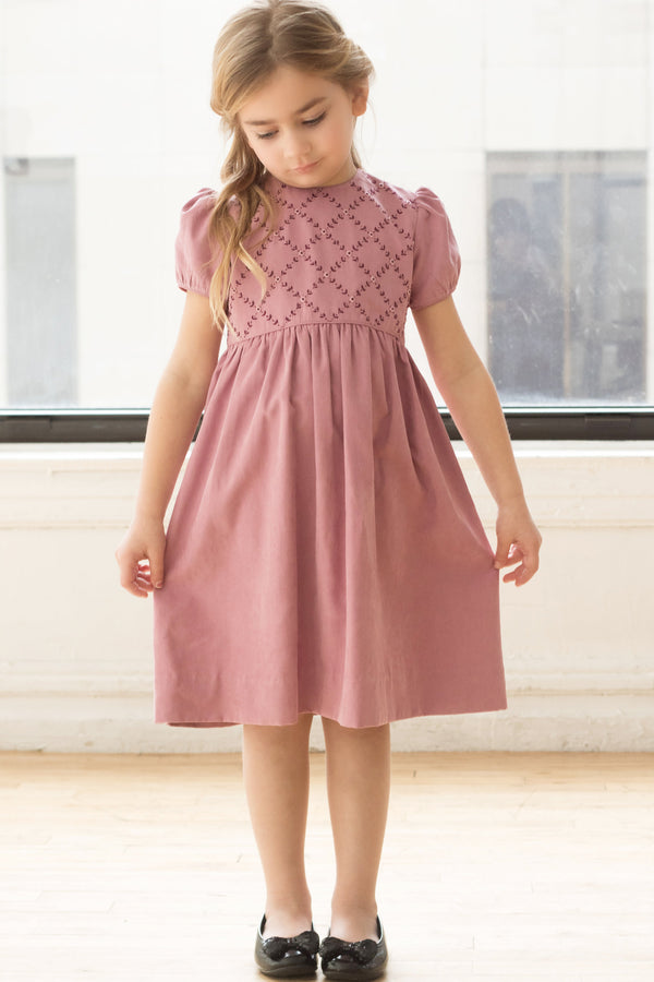 Sophisticated Suede Smocked Short Sleeves Yoke Toddler Mauve Dress 3