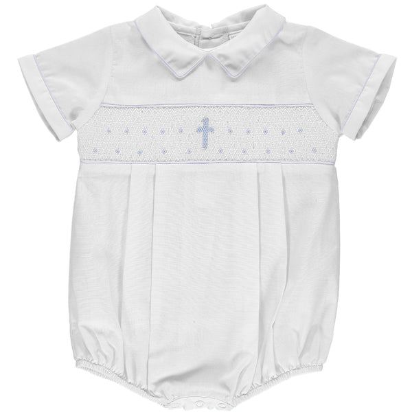 White Hand Smocked Cross Baby Boy Bubble Romper 2