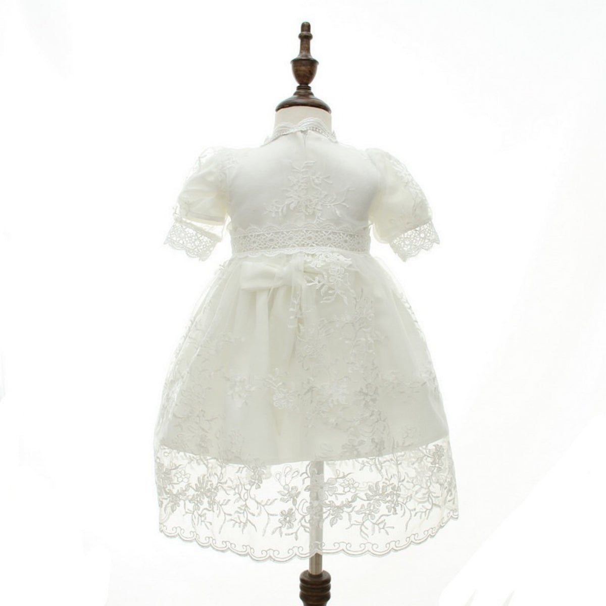 2 pc Short Sleeve Christening Dress with Lace Overlay
