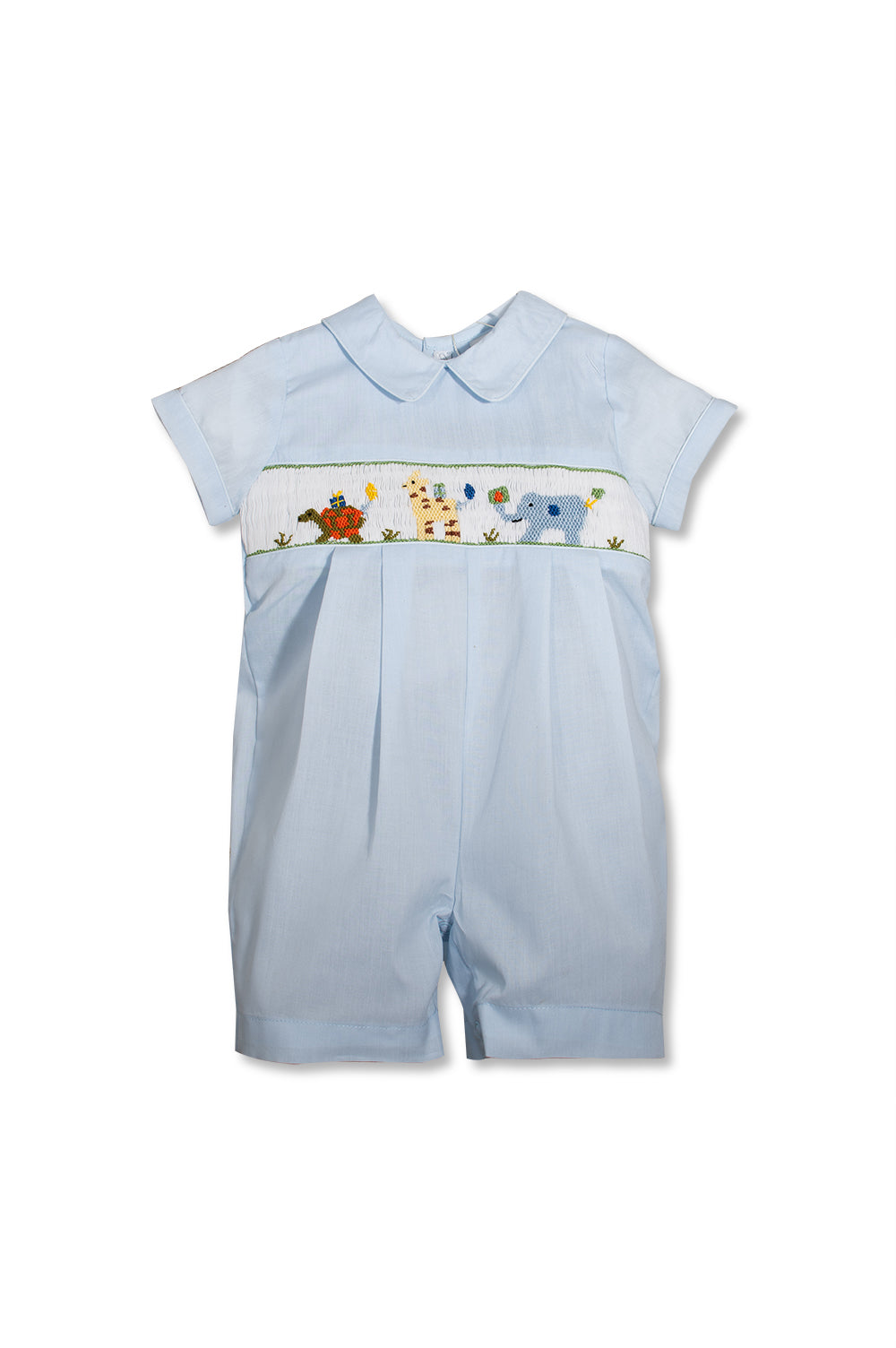 Blue Smocked Animals Bobby Suit Shortall