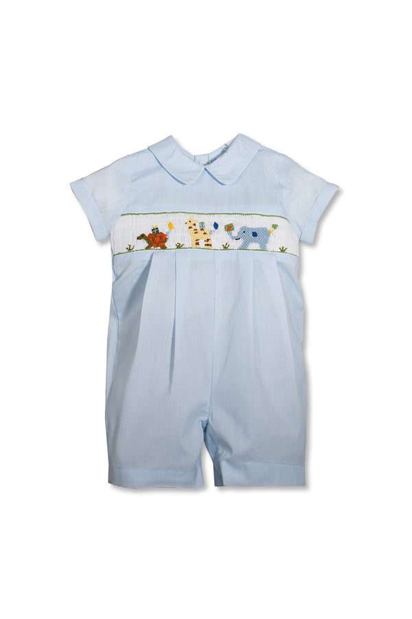 Blue Smocked Animals Bobby Suit Shortall
