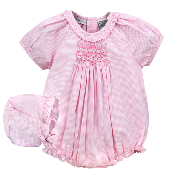 Hand Smocked Baby Girl Romper - Pink Gingham