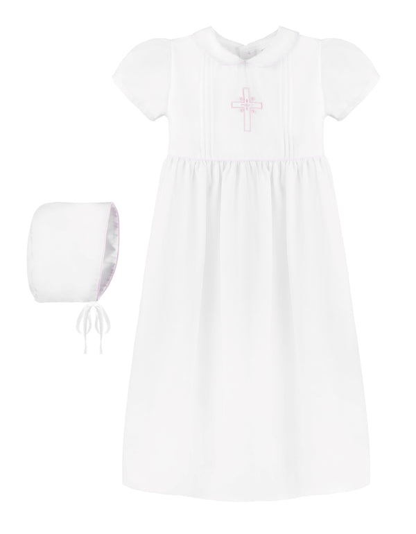  Pink Embroidered Cross Baby Girl Christening Gown with Bonnet 2 - Imagewear