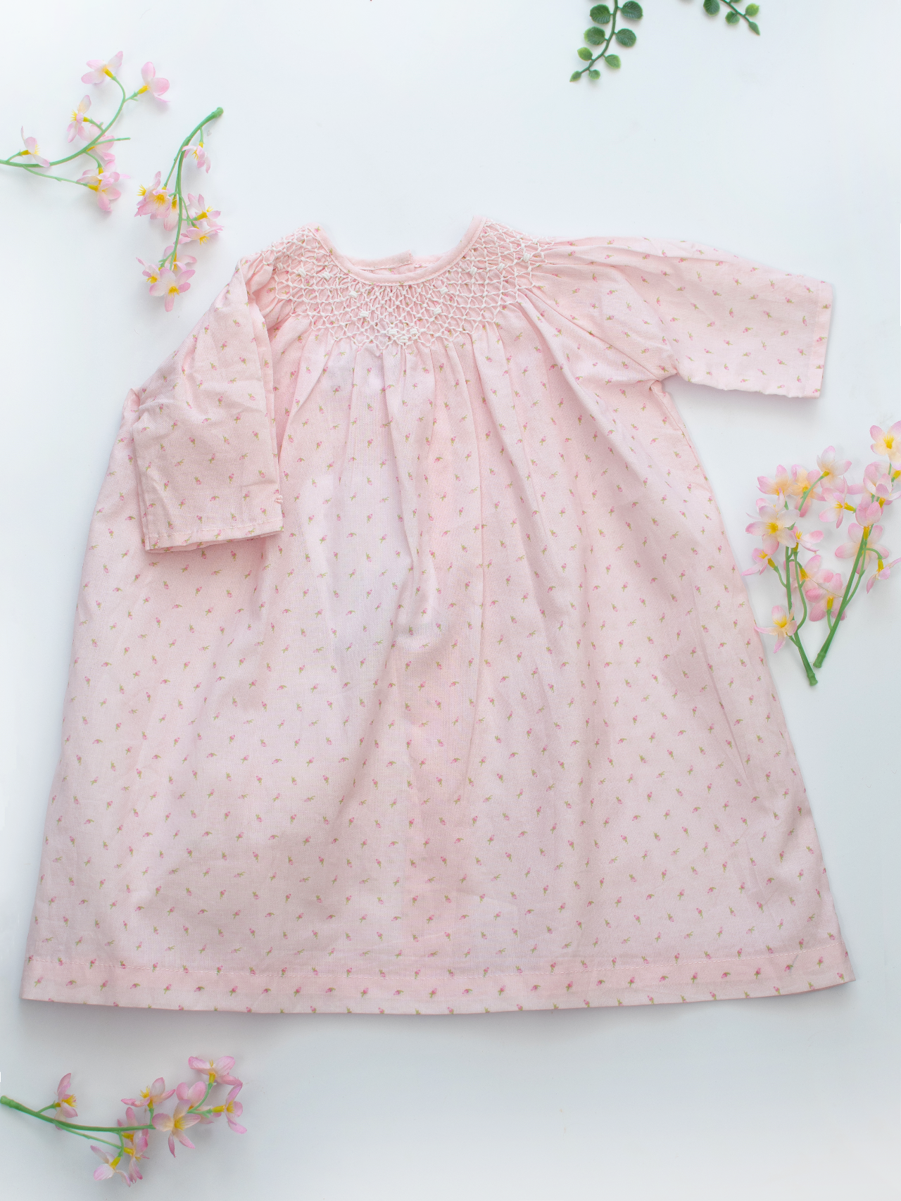 Pink Rosebud Print Baby Girl Dress With Bonnet