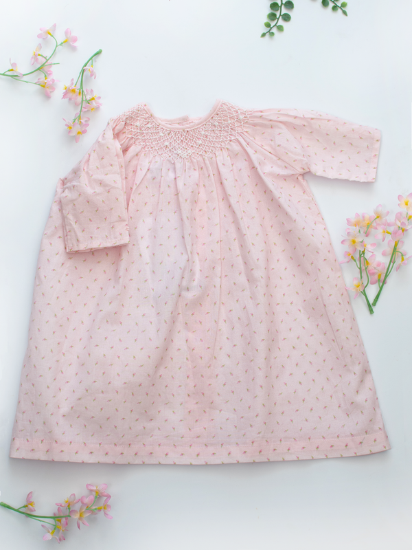 Pink Rosebud Print Baby Girl Dress With Bonnet