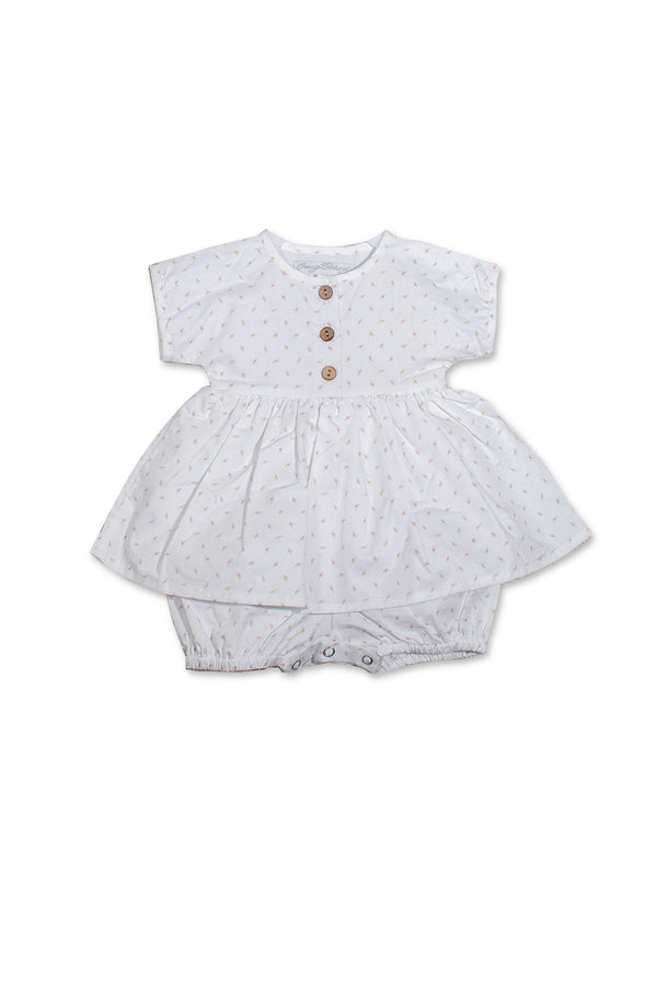 Rosebuds Print White Baby Girl Dress With Attached Panty