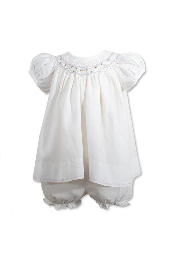 Smocked Bishop Baby Girl Dress with Panty & Bonnet - Cream