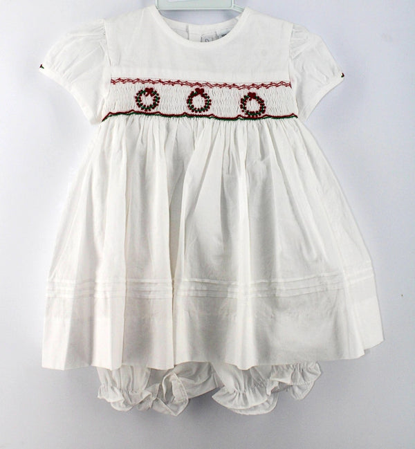 White Smocked Corduroy Baby Girl Dress with Panty