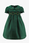 Wholesale Green Floral Smocked Silk Baby Girl Short Sleeve Dress