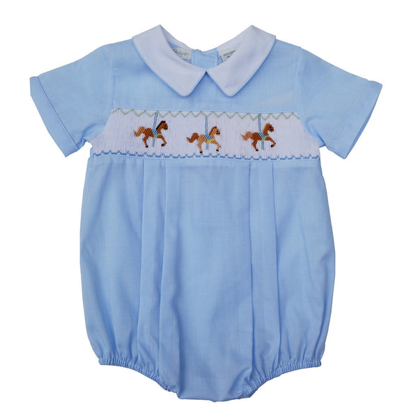 Hand Smocked Blue Baby Boy Bubble Romper