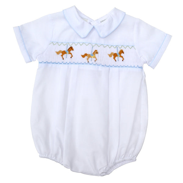 Hand Smocked White Carousel Baby Boy Bubble Romper - Imagewear