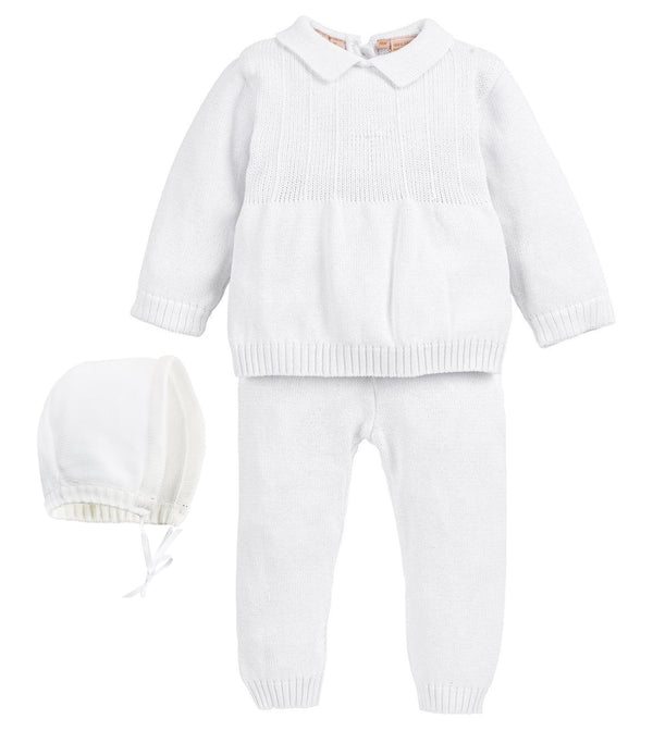 Wholesale Knit Pearl Cross 2 Piece Baby Boy Baptism Outfit with Bonnet