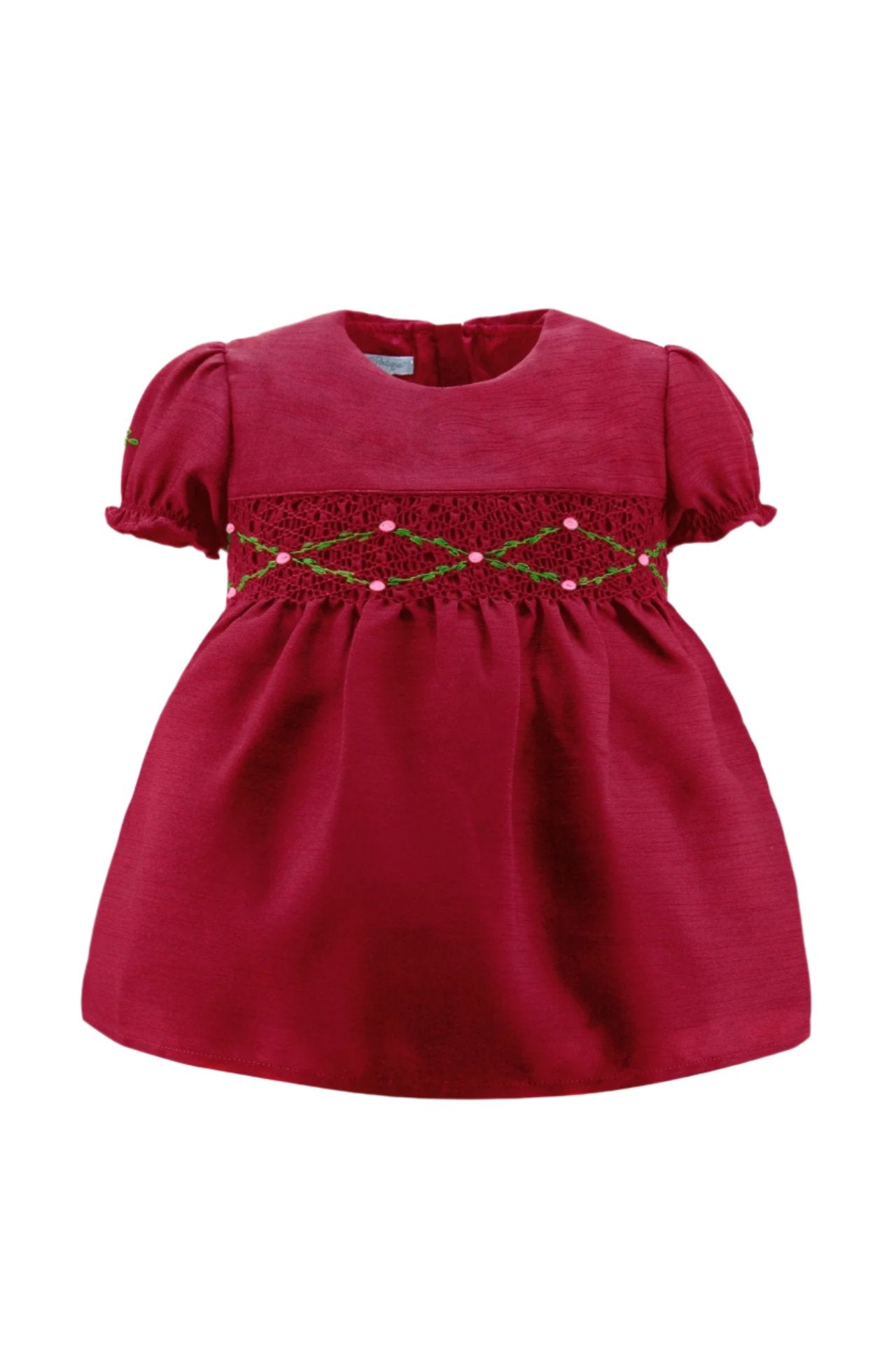 Wholesale Red Floral Smocked Silk Baby Girl Short Sleeve Dress Wholesale Red Floral Smocked Silk Baby Girl Short Sleeve Dress