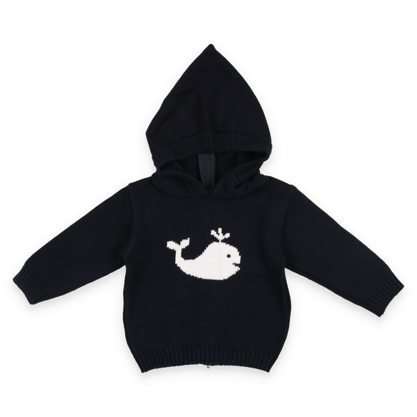 Wholesale Smocked White Whale Hooded Zip Back Baby Sweater Navy 2 - Imagewear