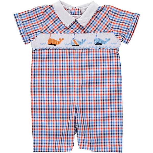 Wholesale Plaid Shortall w/ Smocked Whales Baby Boy Romper - Imagewear