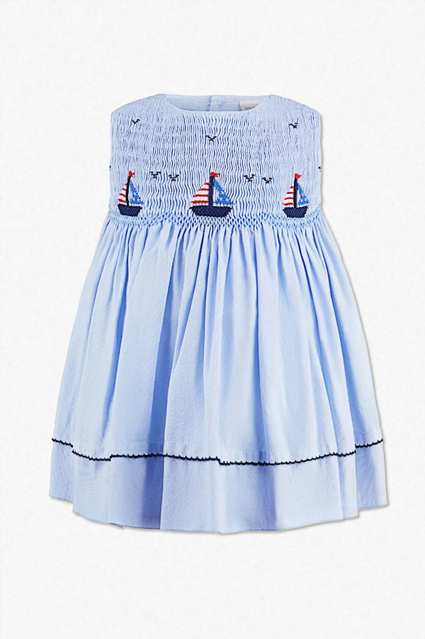  Blue Smocked Freedom Boats Baby Girl Dress 