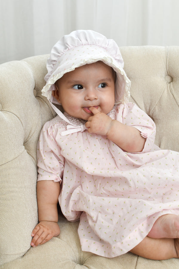 20135-Pink Rosebud Print Baby Girl Dress with Bonnet