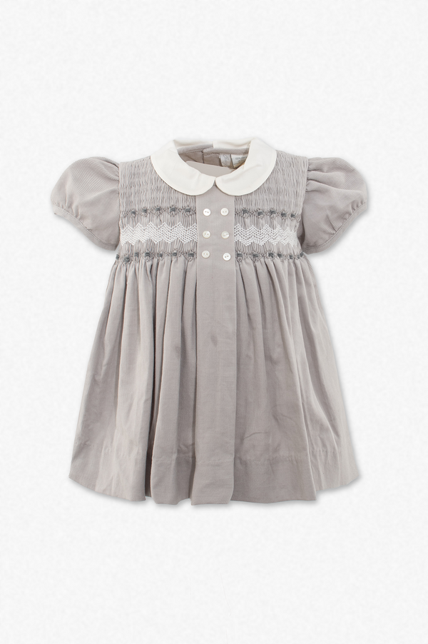 20230-Gray Smocked Corduroy Baby Girl Dress with Panty