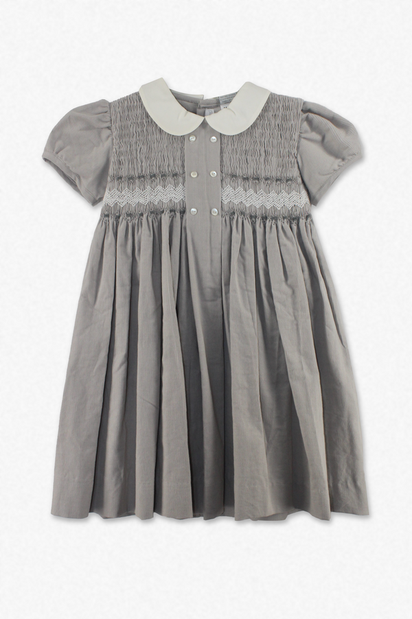 20231-Gray Smocked Corduroy Short Sleeve Toddler Girl Dress