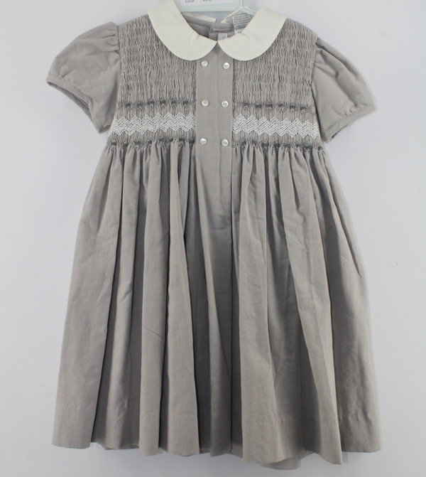 20231-Gray Smocked Corduroy Short Sleeve Toddler Girl Dress