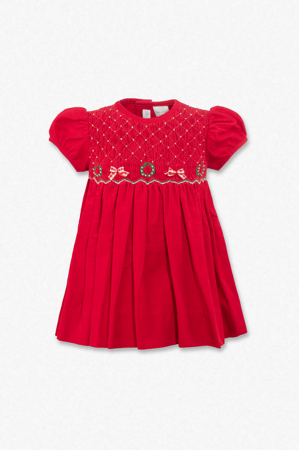 20233-Red Smocked Corduroy Baby Girl Short Sleeve Dress with Panty