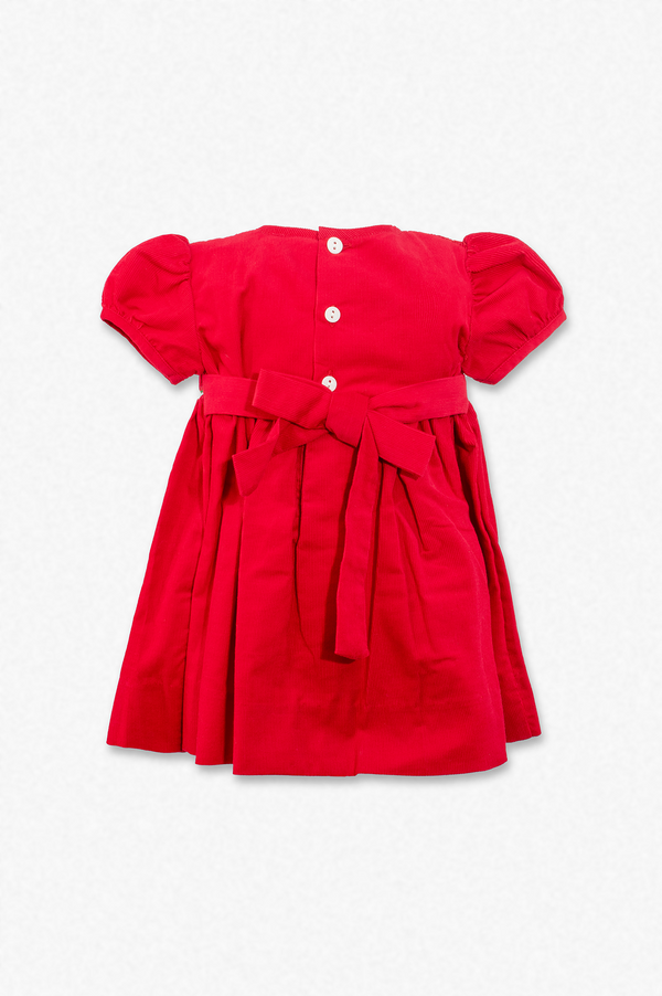 20233-Red Smocked Corduroy Baby Girl Short Sleeve Dress with Panty