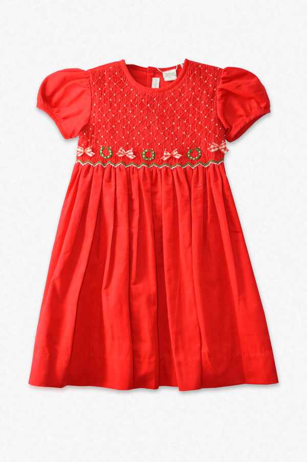 20234-Red Smocked Corduroy Short Sleeve Toddler Girl Dress