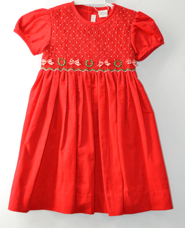 20234-Red Smocked Corduroy Short Sleeve Toddler Girl Dress