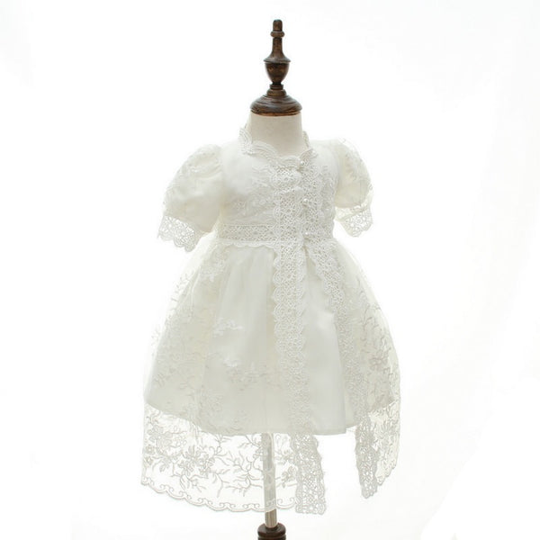 2 pc Short Sleeve Christening Dress with Lace Overlay