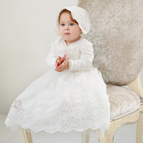 20285- Long Sleeve Lace Embroidery Scalloped Trim Christening Gown
