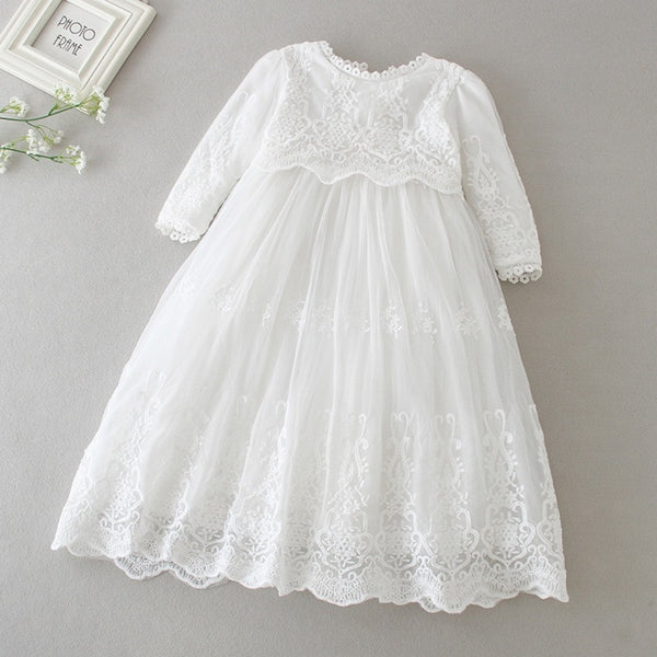 20285- Long Sleeve Lace Embroidery Scalloped Trim Christening Gown