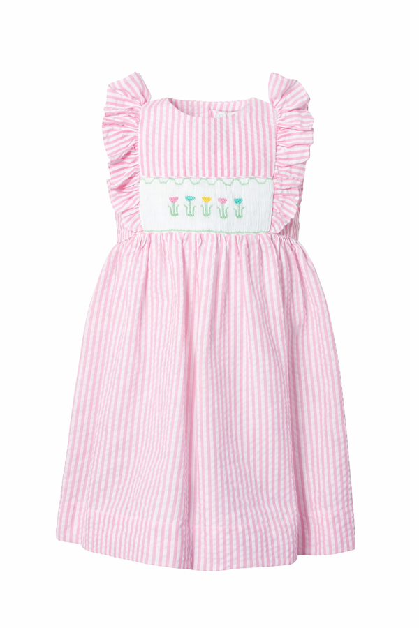 Pink Seersucker Smocked Tulips Toddler  Dress