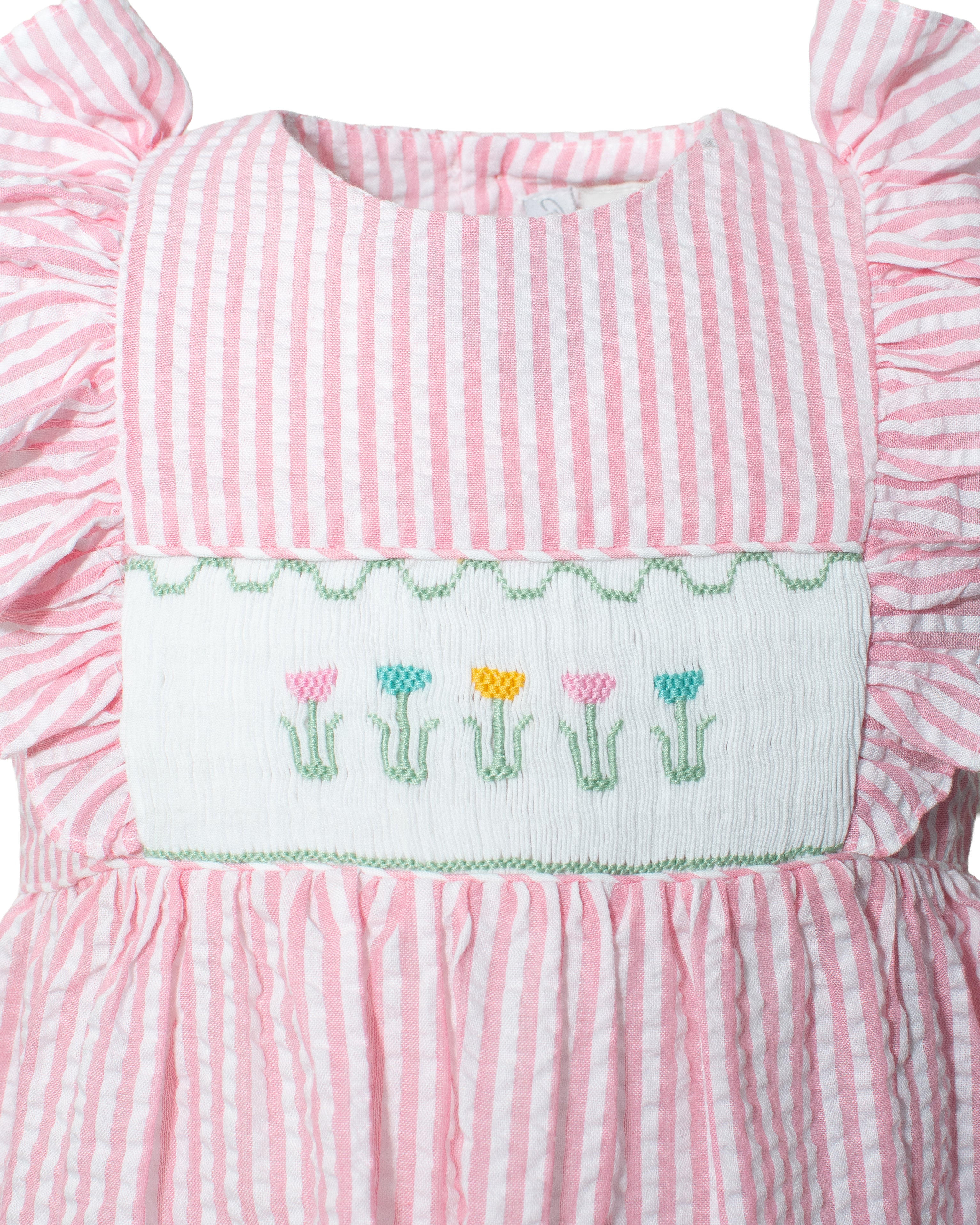 Pink Seersucker Smocked Tulips Toddler  Dress