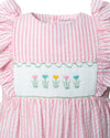 Pink Seersucker Smocked Tulips Toddler  Dress