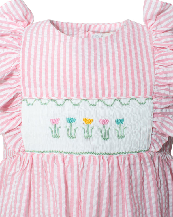 Pink Seersucker Smocked Tulips Toddler  Dress