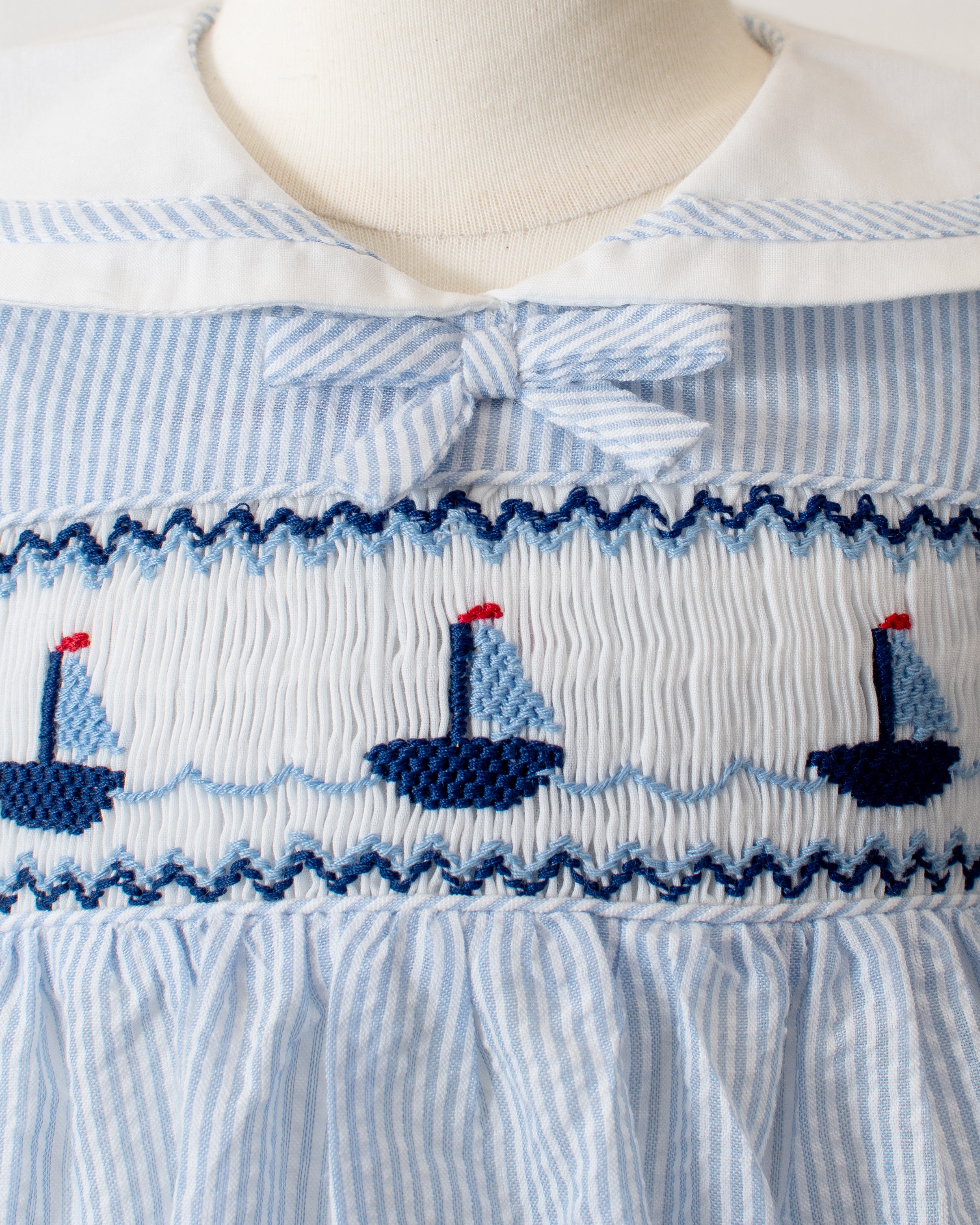 Smocked Sail Boats Sleeveless Blue Girl Dress