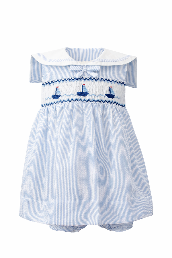 Smocked Sail Boats Sleeveless Blue Girl Dress