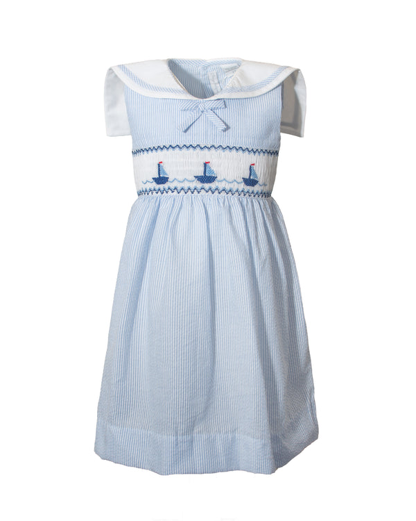 Smocked Sail Boats Blue Sleeveless Toddler Girl Dress