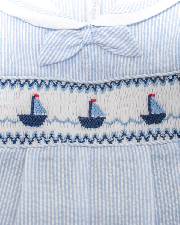Smocked Sail Boats Boys Blue Shortall