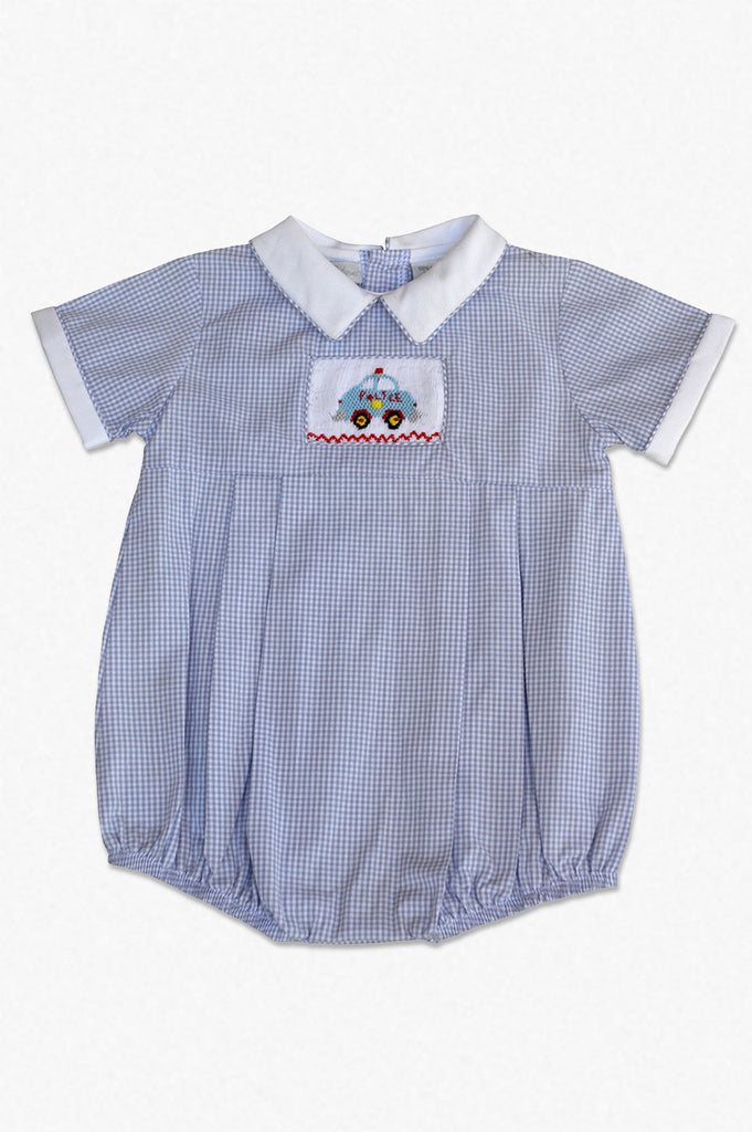 Hand Smocked Baby Boy Bubble Romper Checkered Police Car