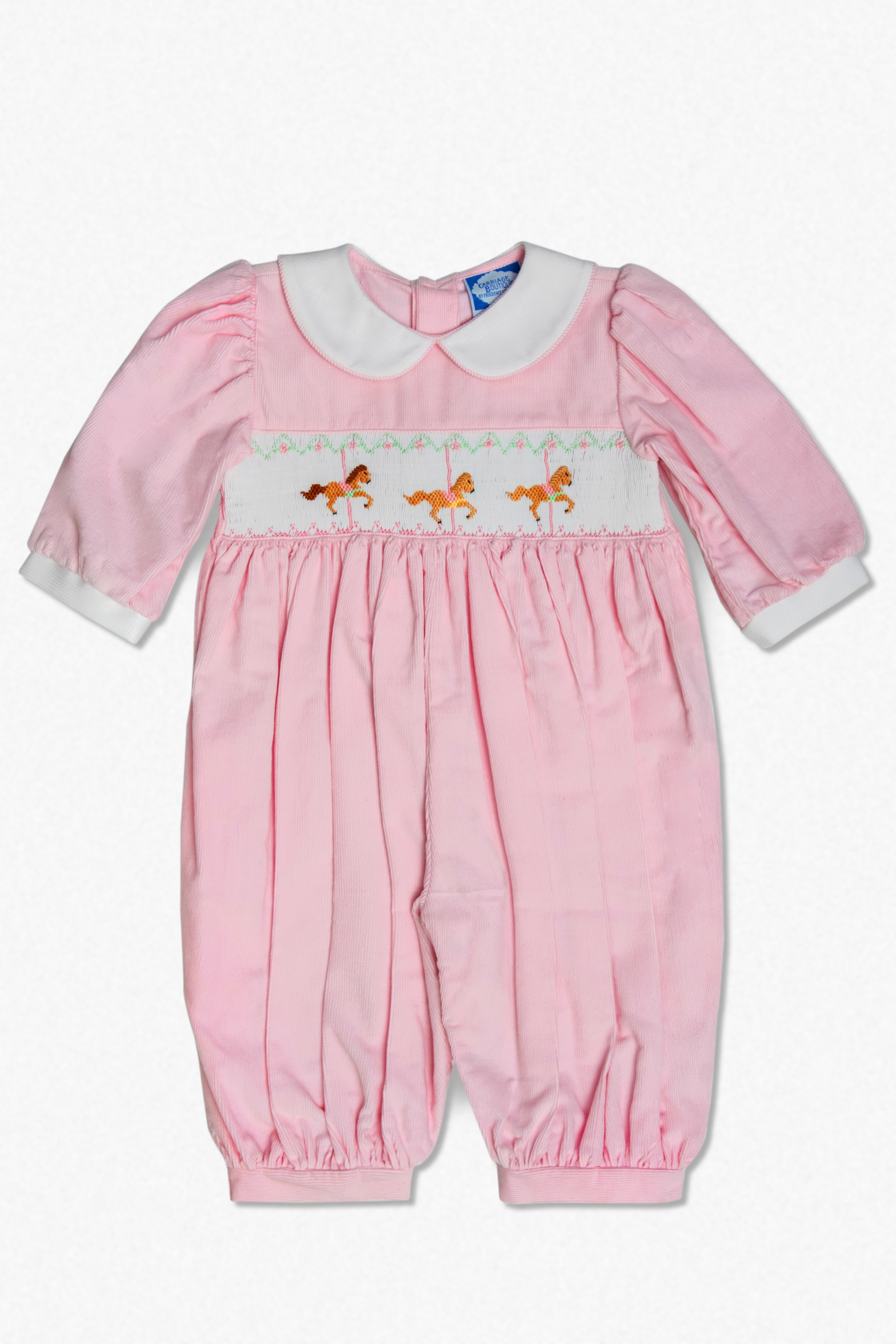 22228-Pink Long Sleeve Baby Girl Romper with Smocked Horses